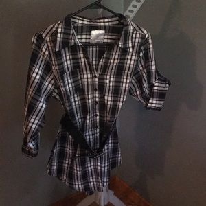 Black and white plaid long button down shirt.